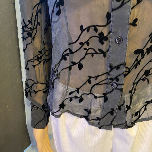 Express Burnout Velvet SilkRayon ButtonShirt Women 5/6 BlackSheer Whimsigoth Y2K - Picture 9 of 11